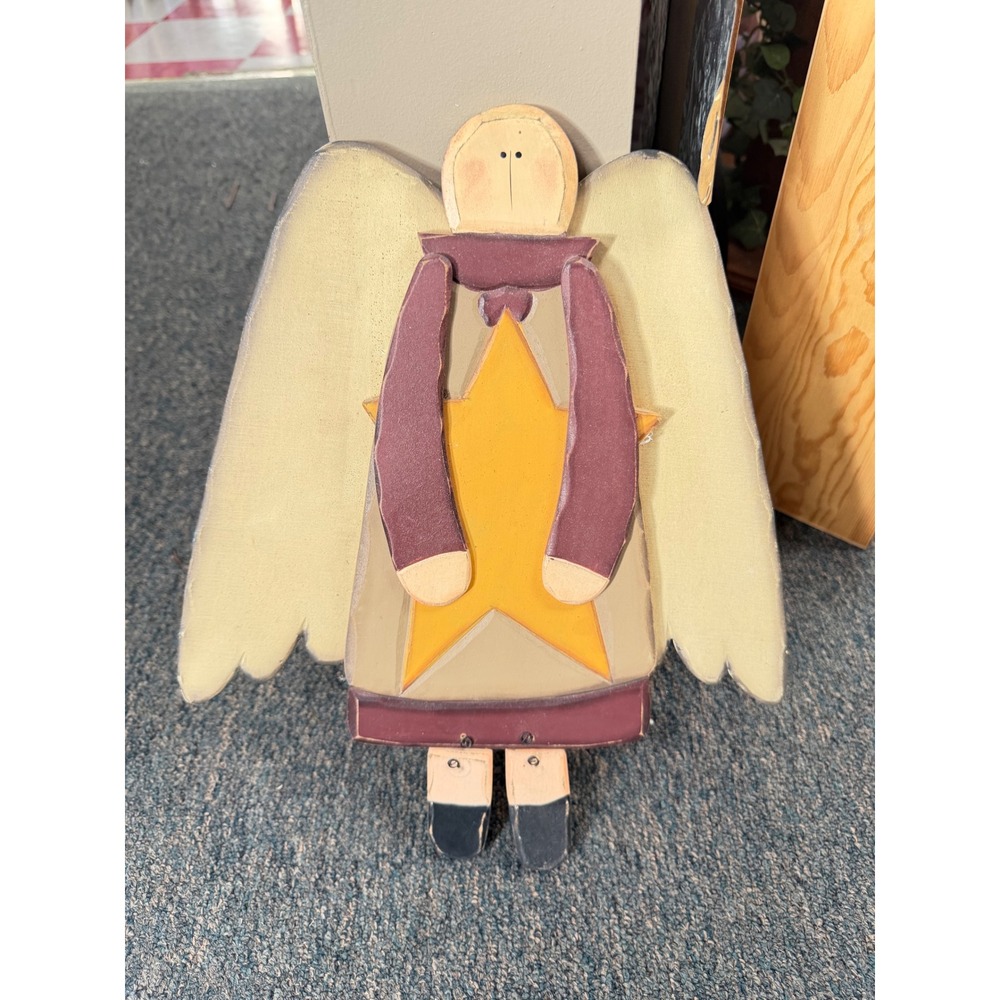 Primitive Wooden Angel Wall Decor Rustic Folk Art Star Christmas Farmhouse Decor
